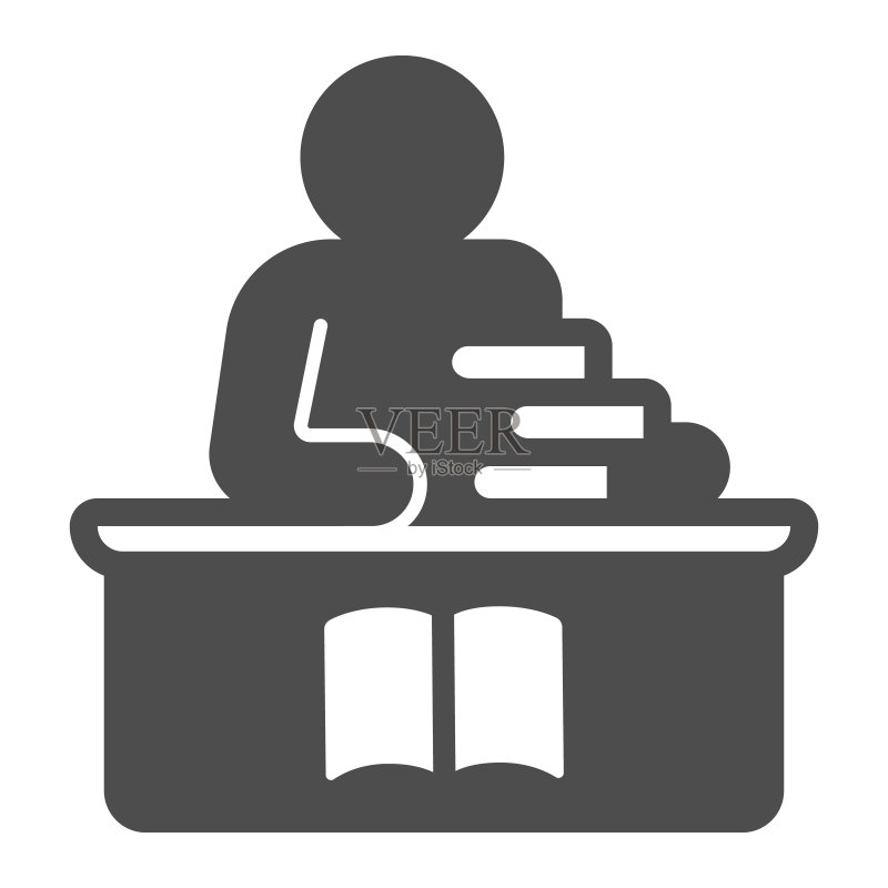 有叠书的图书管理员实体图标,儿童图书日概念,在桌旁的男人矢量标志在白色背景上,用于移动概念和Web设计的图书管理员字形风格,矢量图形图标素材