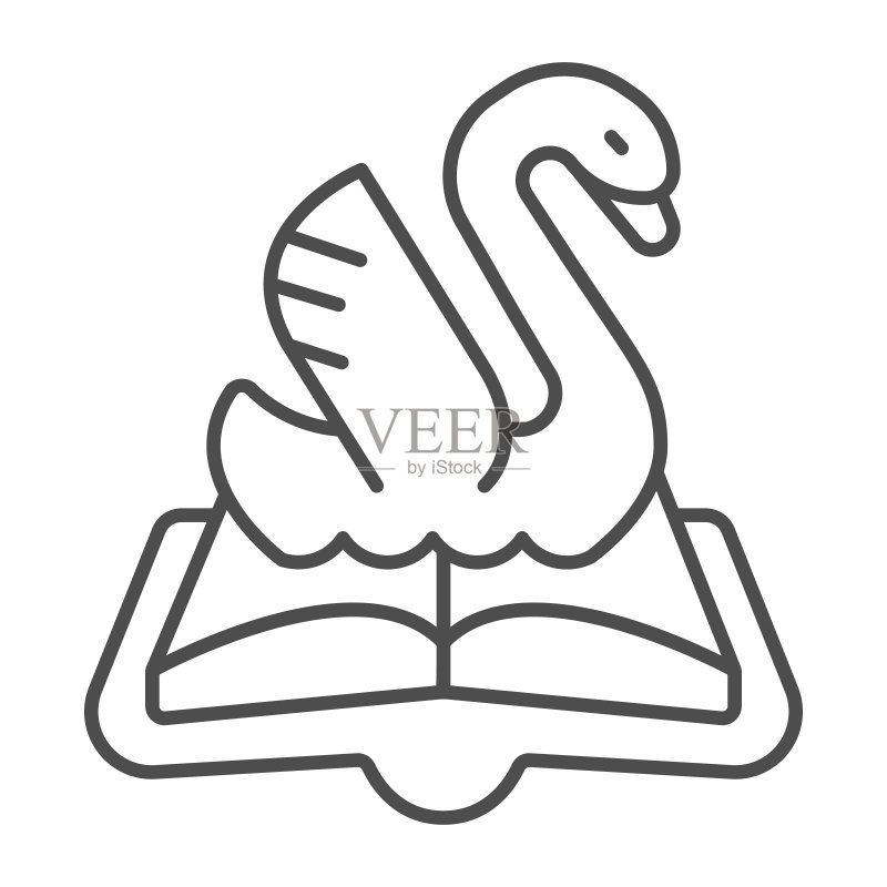 打开的书本,天鹅细线图标,儿童图书日概念,白色背景上的童话矢量符号,移动概念和网页设计的打开的书本轮廓样式。矢量图形。图标素材