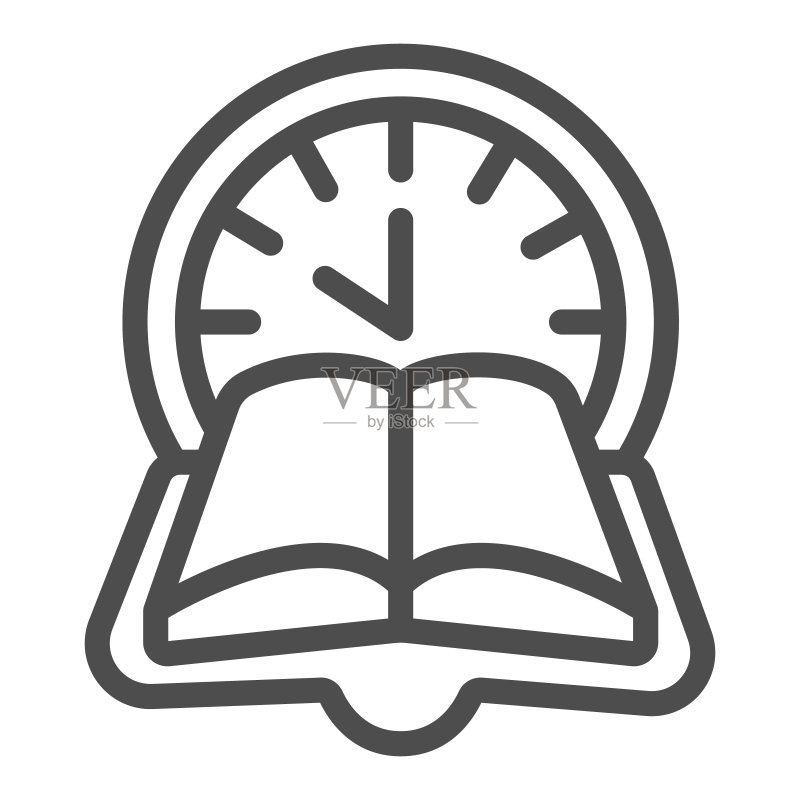 时钟,书时间线图标,儿童图书日概念,阅读时间矢量标志在白色的背景,打开书大纲风格的移动概念和网页设计。矢量图形。图标素材
