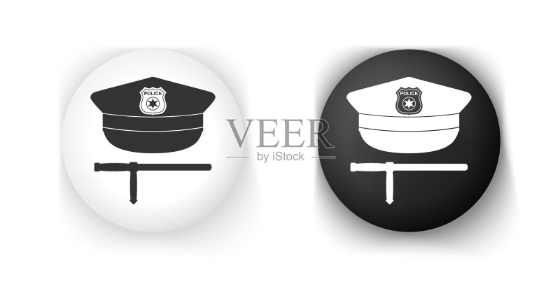 黑白警帽和橡胶警棍图标图标素材