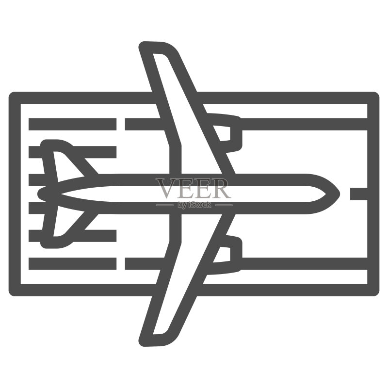 跑道上的飞机线性图标,航空公司概念,白色背景上的跑道矢量标志,跑道轮廓样式,适用于移动概念和网页设计。矢量图形。图标素材