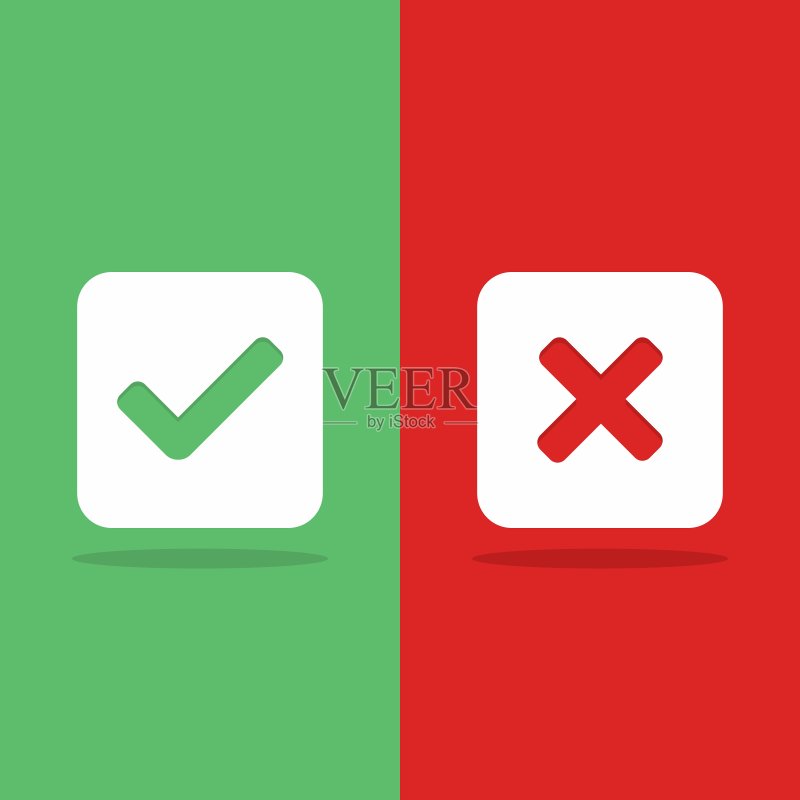 检查和错误标记,打勾和打叉标记,接受/拒绝,批准/不批准,是/否,对/错,绿/红,正确/假,Ok/不Ok -绿色和红色的矢量标记符号。孤立的图标。图标素材