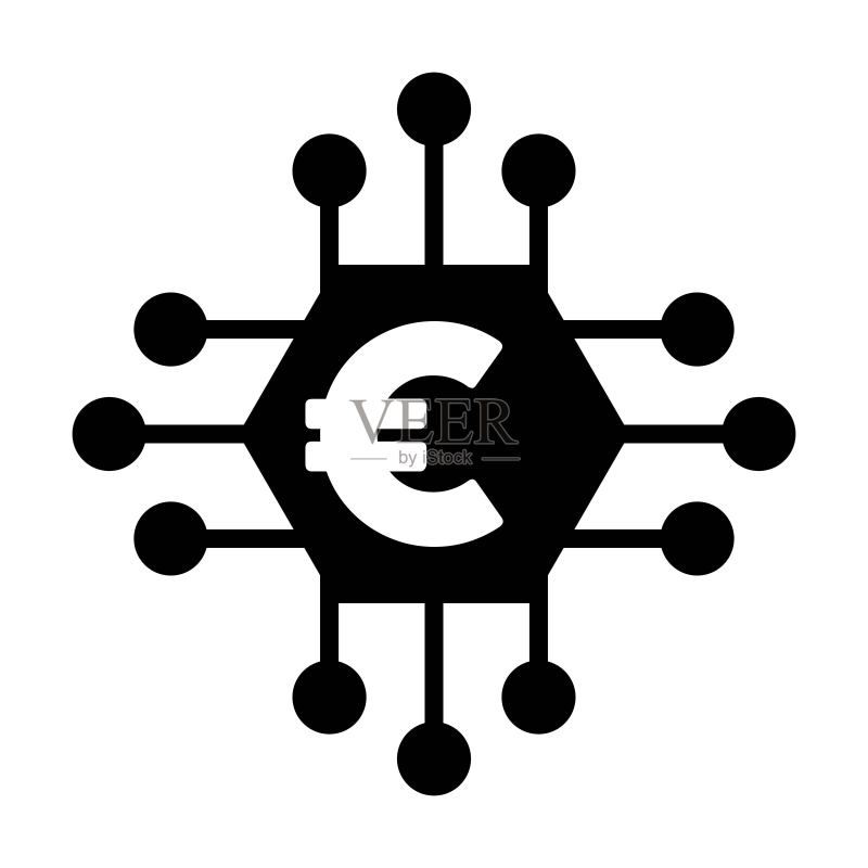 数字欧元硬币图标矢量货币符号,用于资产和钱包的数字交易扁平颜色字形象形图图标素材