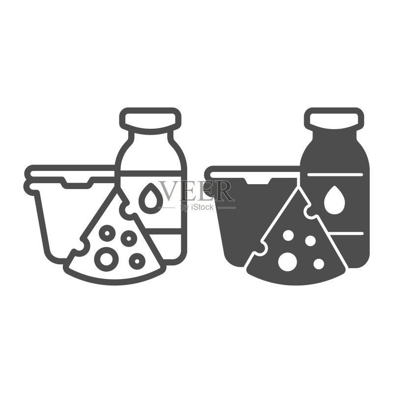 酸奶油包装,含奶酪、瓶装牛奶线条和实心图标,乳制品概念,白色背景上的牛奶产品标志,移动设备和网页适用的乳制品轮廓图标。矢量图形图标素材