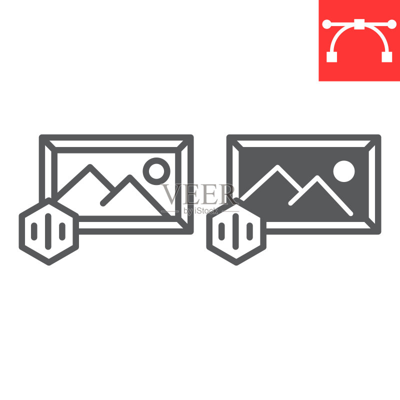 NFT艺术线性图标:独特的代币和图片矢量图形图标素材