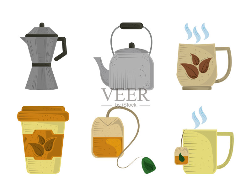 茶杯茶壶与有机草药图标集图标素材