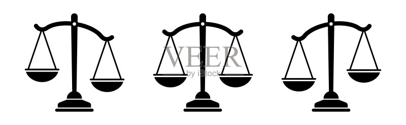 正义天平图标集。法律天平图标集合。平衡概念。天秤座轮廓。图标素材