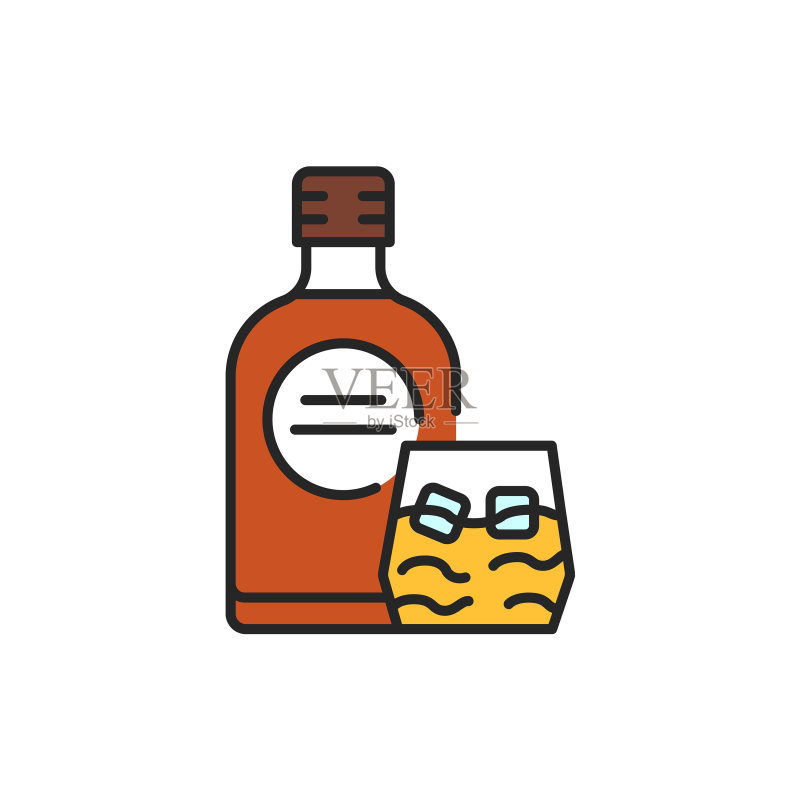 朗姆酒瓶和酒杯彩色线条图标图标素材