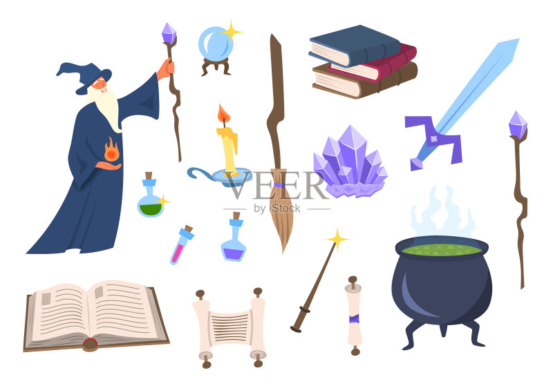 卡通彩色魔术师及工具图标合集图标素材