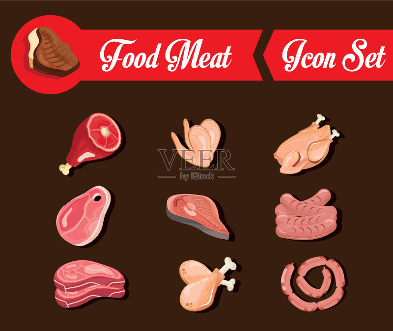 九种美味新鲜的肉制品图标素材