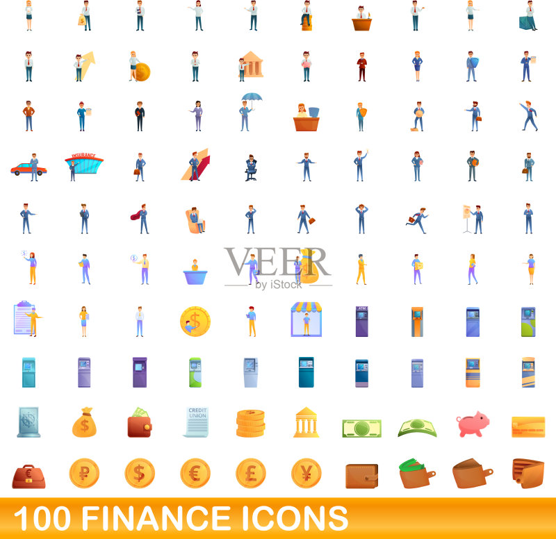 100个金融图标集合(卡通风格)图标素材