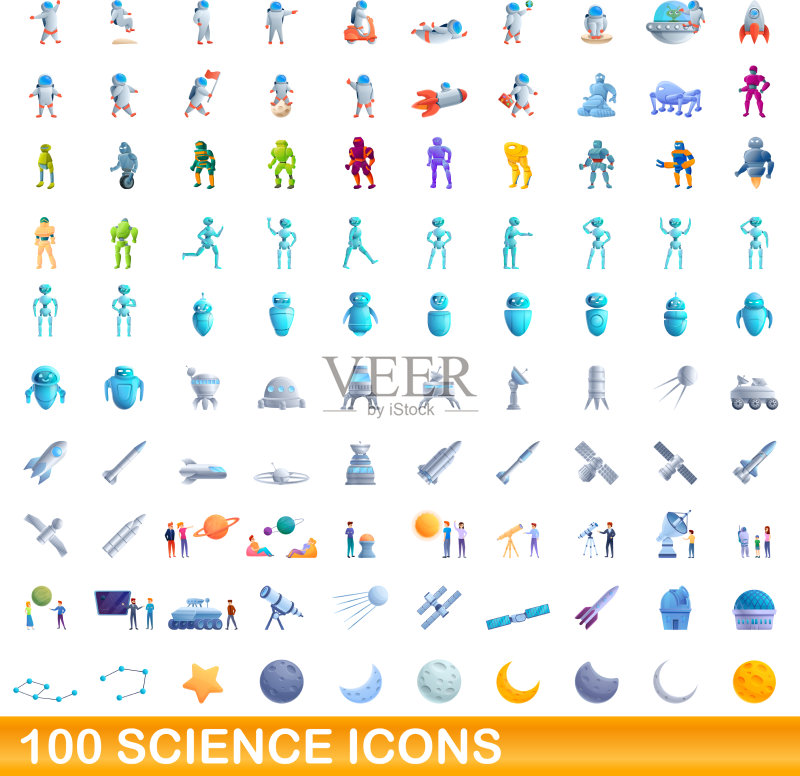 100个卡通风格科学图标合集图标素材