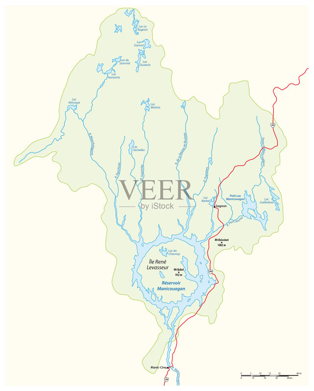 加拿大魁北克马尼夸根湖水库矢量地图插画图片素材