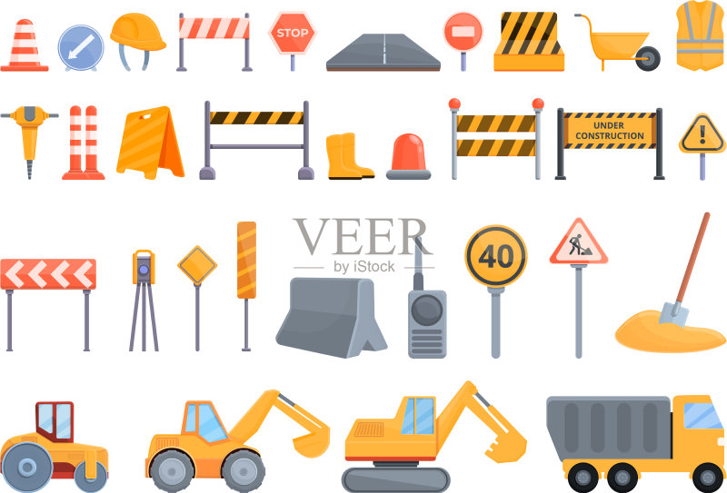卡通风格的高速公路建设图标图标素材