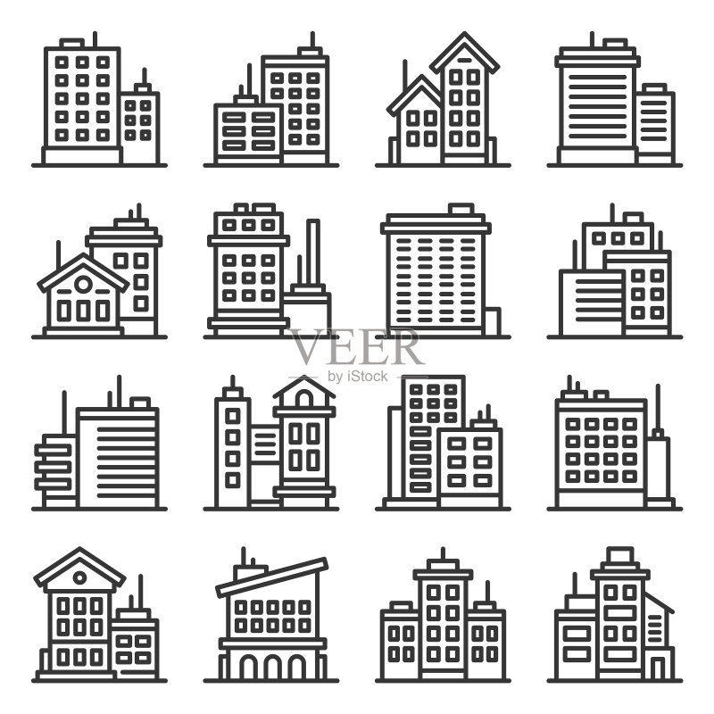 白色背景上的办公楼建筑图标图标素材