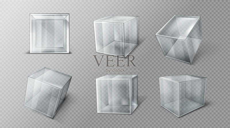 不同角度的塑料或玻璃立方体视图图标素材