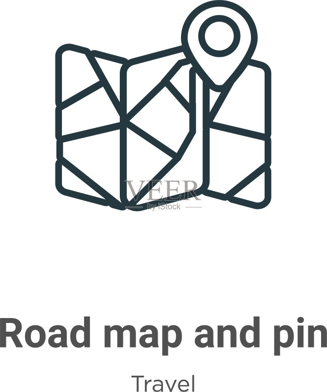 路线图和图钉轮廓图标细线黑色图标素材