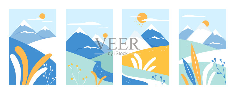 卡通抽象山地自然风光插画图片素材
