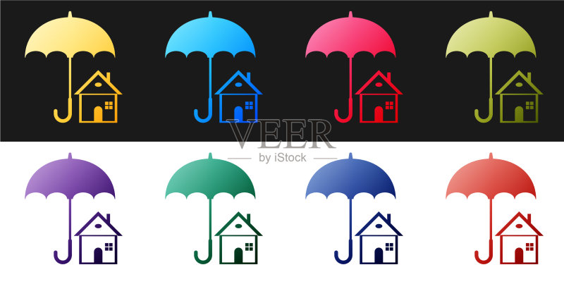 黑色背景上的房屋雨伞图标套装图标素材