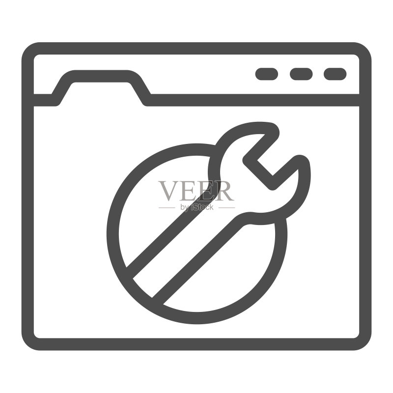 网站服务中心线性图标:PC维修概念,白色背景上的维修中心矢量标志,带有扳手轮廓样式的网页,适用于移动概念和网页设计。矢量图形图标素材