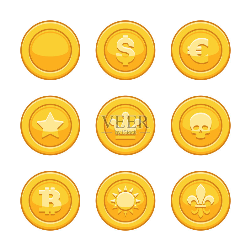 白色背景上的金币图标集矢量图图标素材