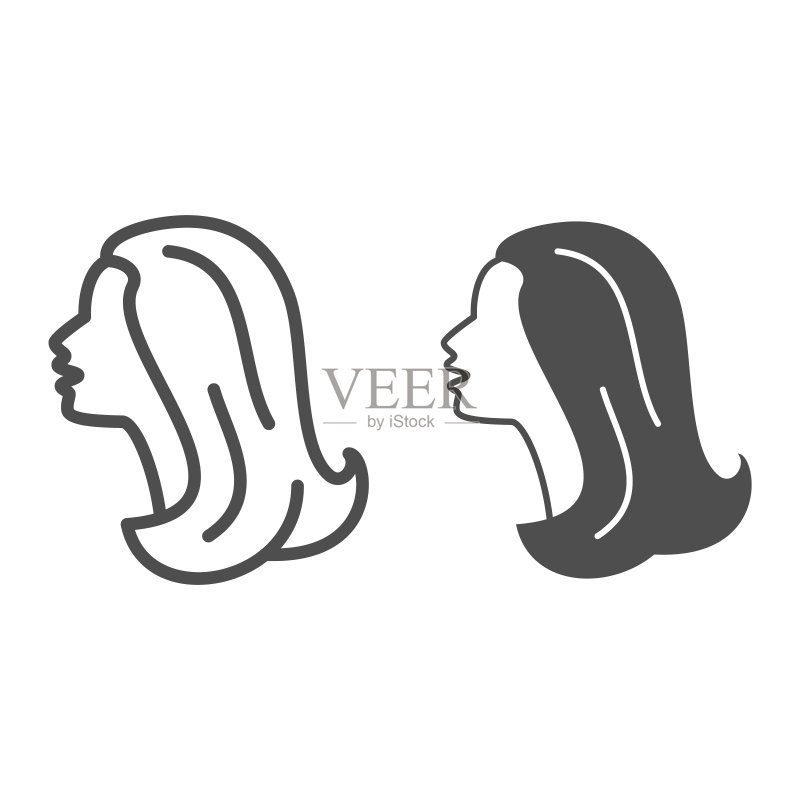 女性头像轮廓线和实体图标,3月8日概念,白色背景上的女性侧面轮廓符号,移动设备轮廓样式的美丽女性面部轮廓图标。矢量图形。图标素材