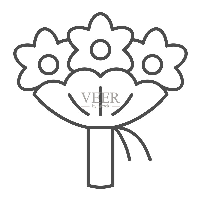 细线花束图标,3月8日概念,白色背景上的鲜花祝贺卡标志,用于移动概念和网页设计的轮廓风格花束图标。矢量图形图标素材