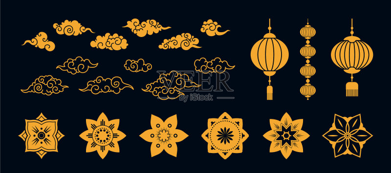 亚洲金色传统扁平元素合集图标素材