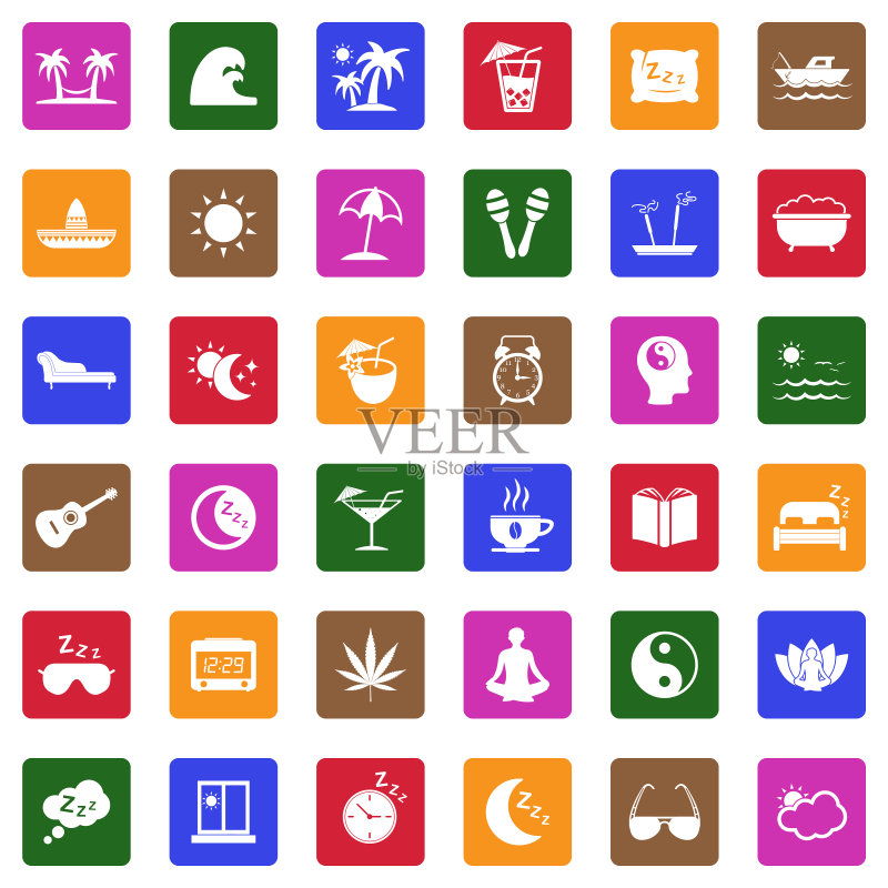 午睡图标。方形白色扁平设计。矢量图。图标素材