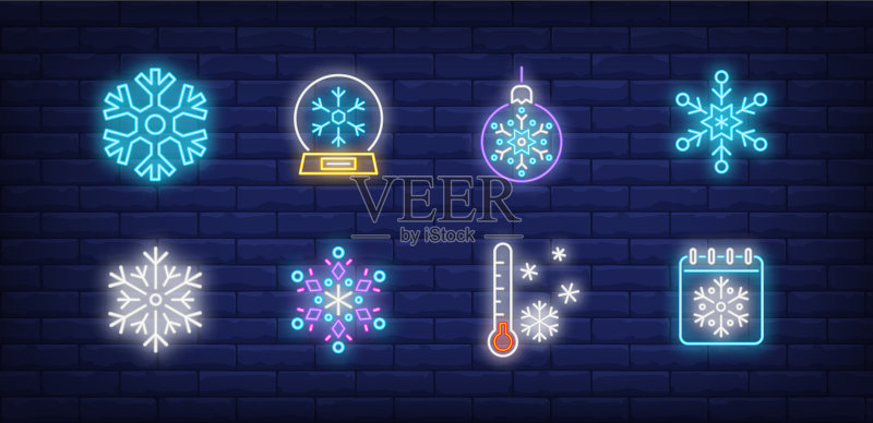 冬季雪花霓虹灯标志套装图标素材