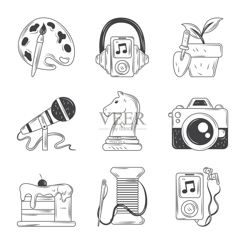 爱好图标集:绘画、音乐、摄影、甜点图标素材