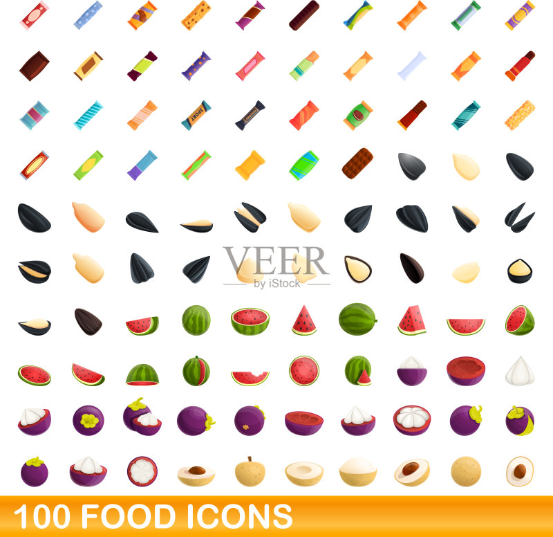 100个食物图标集,卡通风格图标素材