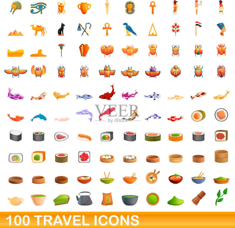 100个卡通风格旅行图标合集图标素材