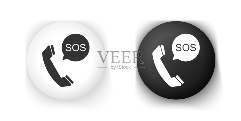 白色背景上孤立的黑白SOS呼叫图标图标素材