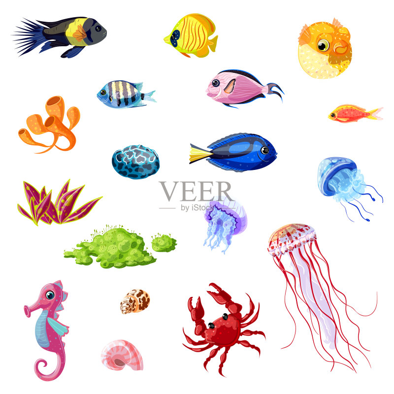卡通彩色海洋生物合集图标素材