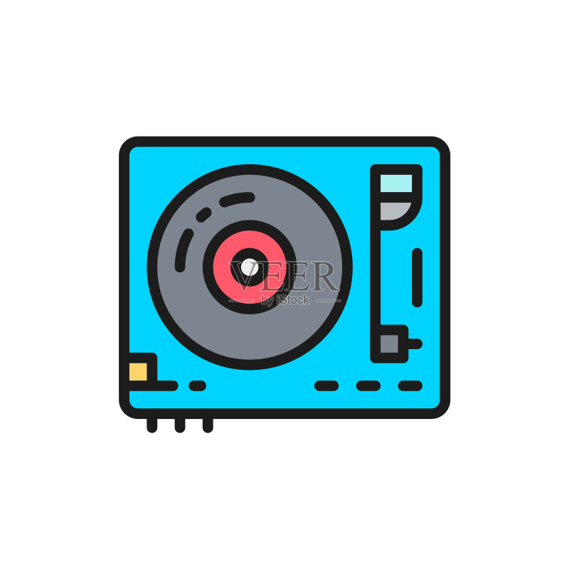 黑胶唱片转盘DJ混音器扁平彩色线条图标图标素材
