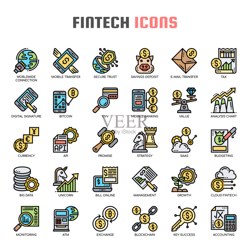金融科技细线和像素完美图标图标素材