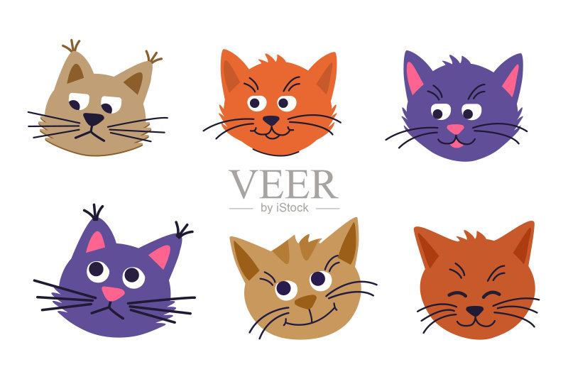 白色背景上的可爱猫咪面部合集图标素材