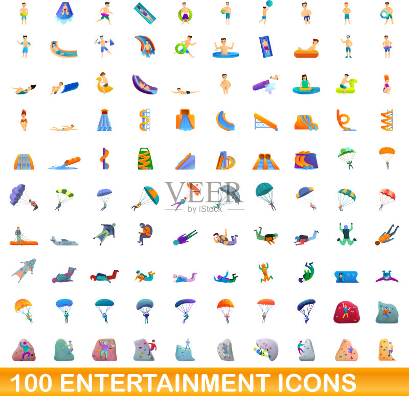 100个卡通风格的娱乐图标集图标素材