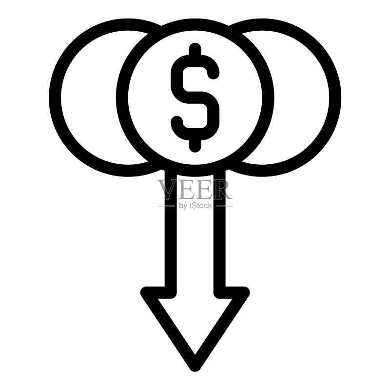 带有向下箭头图标的硬币,破产相关图标素材