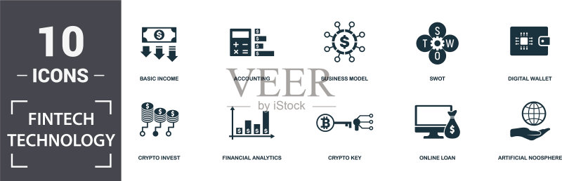 金融科技图标集包含填充扁平元素图标素材