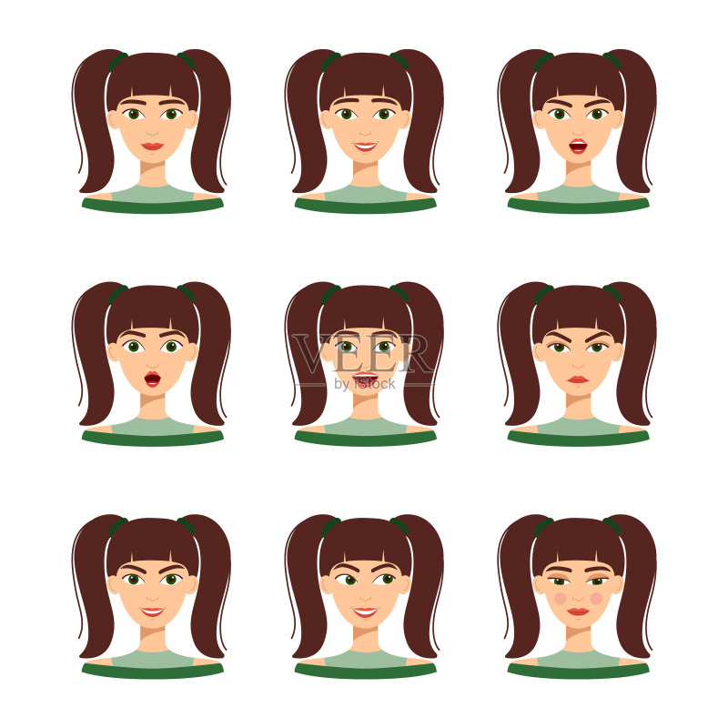 深色头发的漂亮女孩情绪套装图标素材