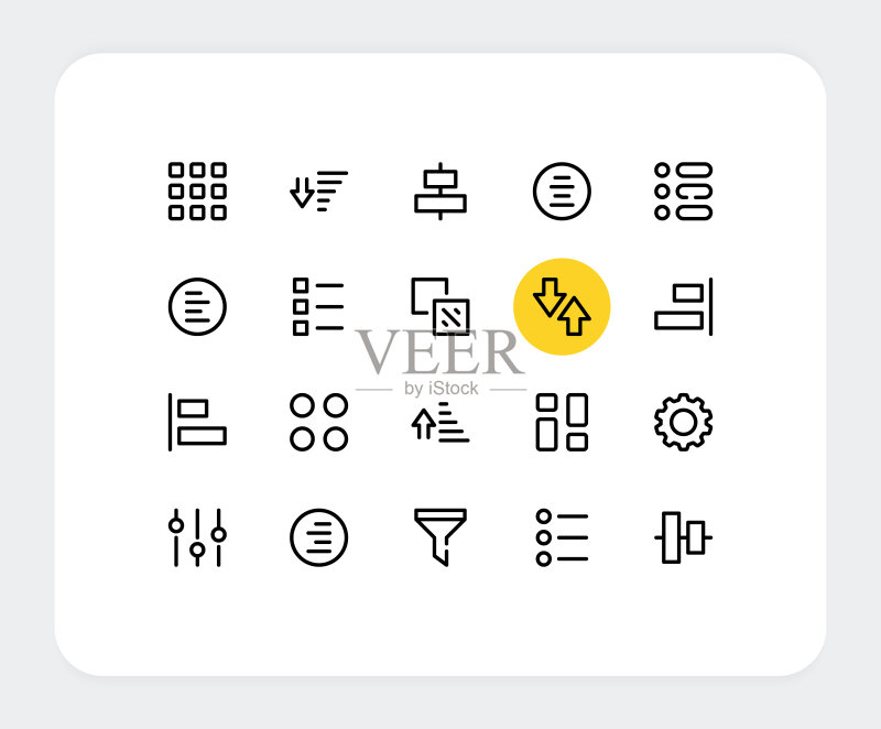 分拣矢量线性图标:简单的轮廓符号,数据排序和过滤,对齐、升序和降序、居中、设置、重新排列概念,细线条图标设计,线性符号,象形图,矢量排序图标集图标素材