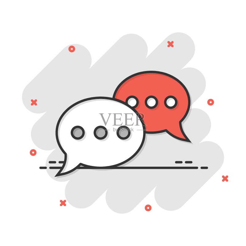 漫画风格的语音聊天标志图标。白色背景上的语音气泡卡通矢量插图。团队讨论按钮飞溅效果商业概念。图标素材