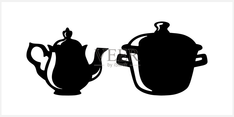白色背景上的茶壶和平底锅图标素材