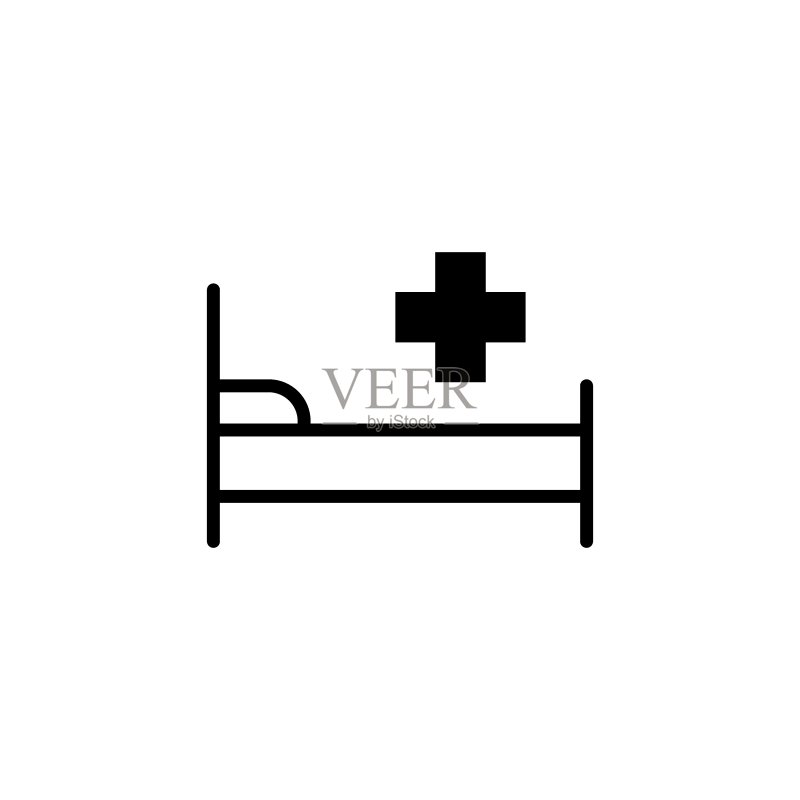医院或医疗床黑色线性图标白色背景上的医院徽章时尚的扁平隔离符号标志,用于:插图、轮廓、符号、移动、应用程序、设计、网页、开发、UI、UX矢量EPS 10图标素材