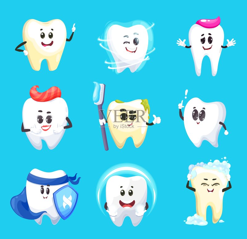 牙齿卡通人物矢量图,牙齿卫生图标素材