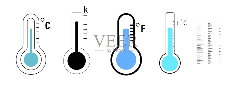 温度计合集:测量温度的仪器,空气加热水平和体温指示器(摄氏度、华氏度、开尔文),矢量图图标素材