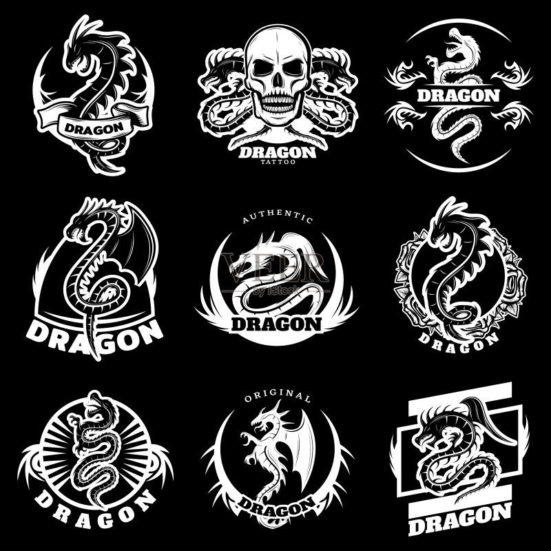 白色龙纹身复古标签套装图标素材