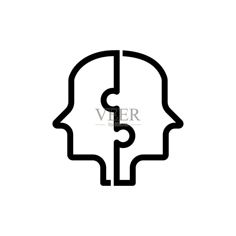 两块拼图组成人头细线图标。拼图男性头像符号,白色背景上的轮廓样式象形图。用于移动概念和网页设计的创意商业标志。矢量图形。库存插图图标素材